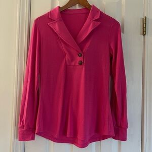 Fuchsia Long-Sleeve Notch-Collar Polo Top